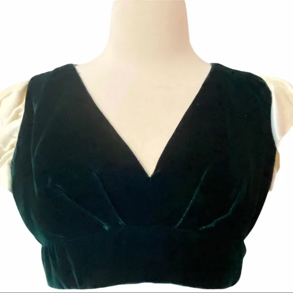 1950’s Vintage Elegant Green Velvet & Satin Formal Gown With Cutout Back, Medium - Picture 7 of 15